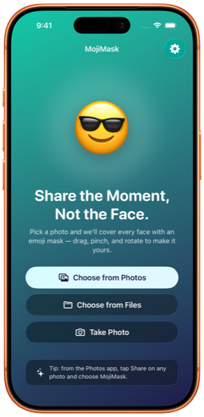 MojiMask home screen with a sunglasses emoji and Choose from Photos, Choose from Files, and Take Photo buttons